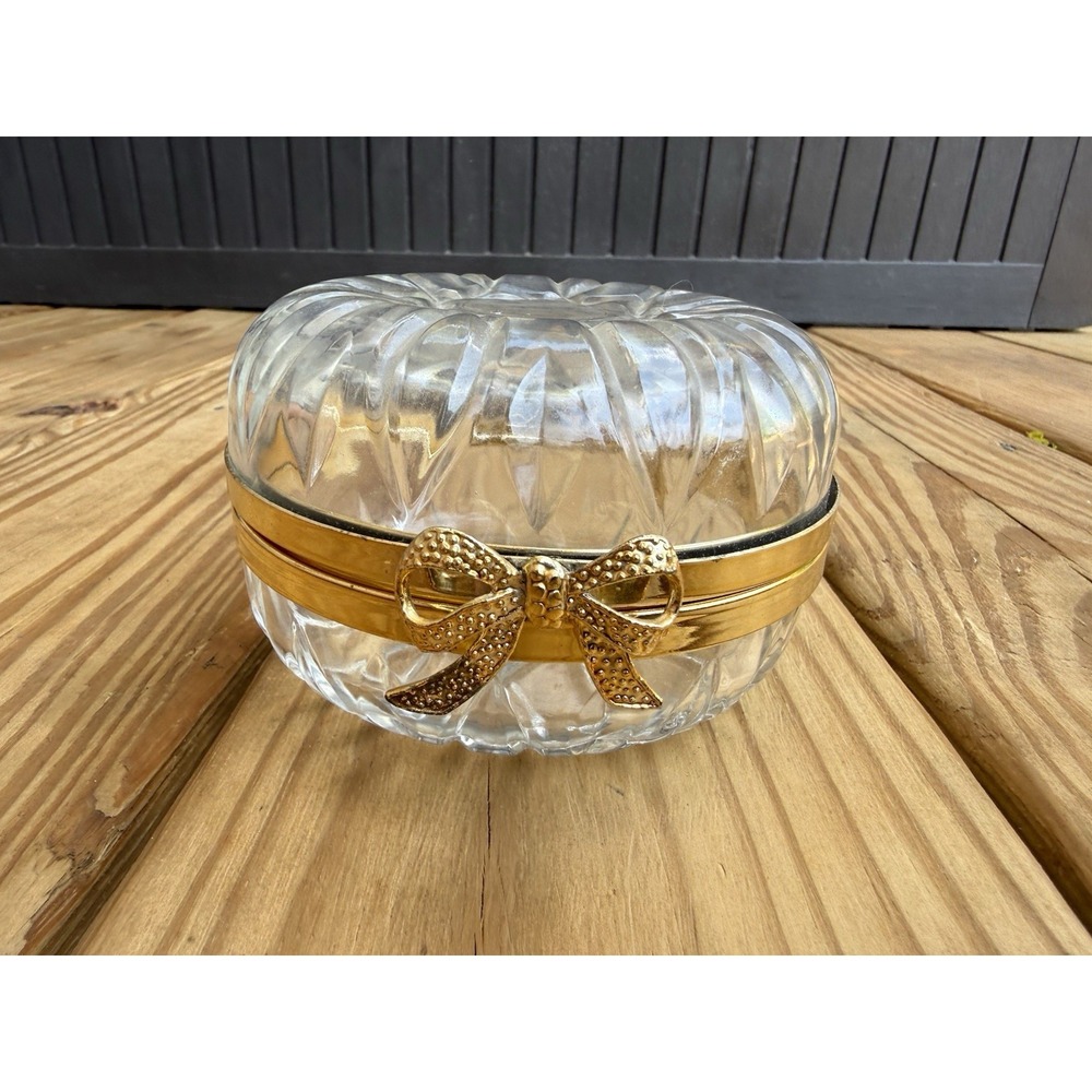 Vintage Cut Glass Crystal Round Gold Trim BowTie Hinged Dresser Trinket Box Bow